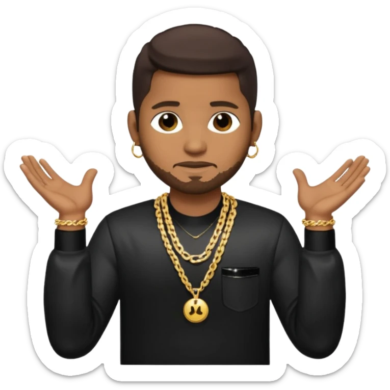 Usher with dark brown hair, black sequin dress shirt with necklace and chest out sticker