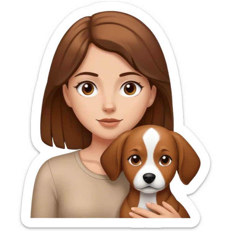 White girl with brown hair holding tan dog sticker