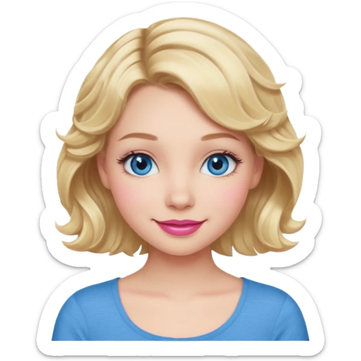 Girl Blonde short wavy hair,  blue eyes, cute blue top, long lashes, pink lips, smiling, 🙅🏻‍♀️ sticker