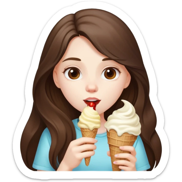 beautiful pale brunette girl with long hair eating ice cream sticker