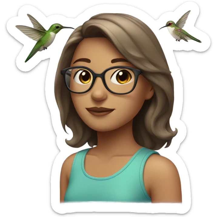 Girl pale , brunette, with short hair, wearing glasses with a hummingbird next to her sticker