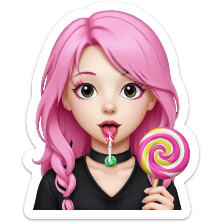Cute girl with long pink hair wearing black, and a cute choker  licking a lolli sticker