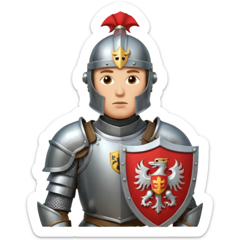 An emoji portrait of a medieval knight. He wears a suit of armor with a stylized helmet. His expression is serious and determined, and he holds a shield with a family crest. sticker