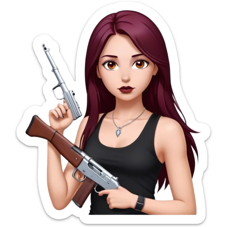 emoji of girl with an ak47 in hand with a black tank top gorgeous girl y2k with maroon dark long hair in a middle part with straight nose hazel eyes medium perfect eye brows with  a nose ring silver on the right nostril  sticker