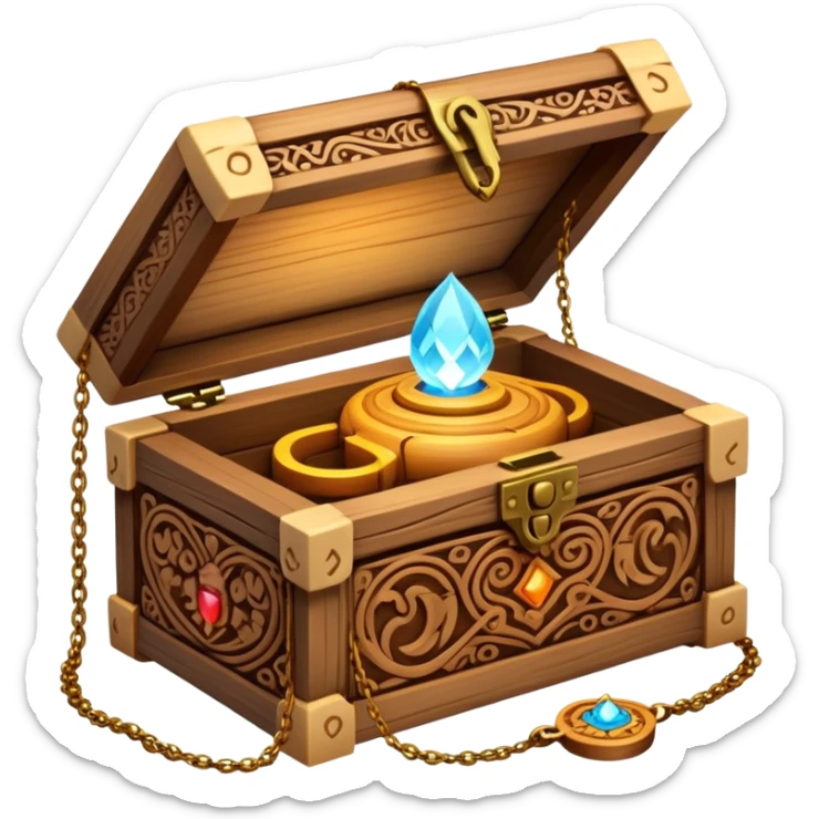 magical wooden box with intricate carvings, glowing softly, holding necklaces inside sticker