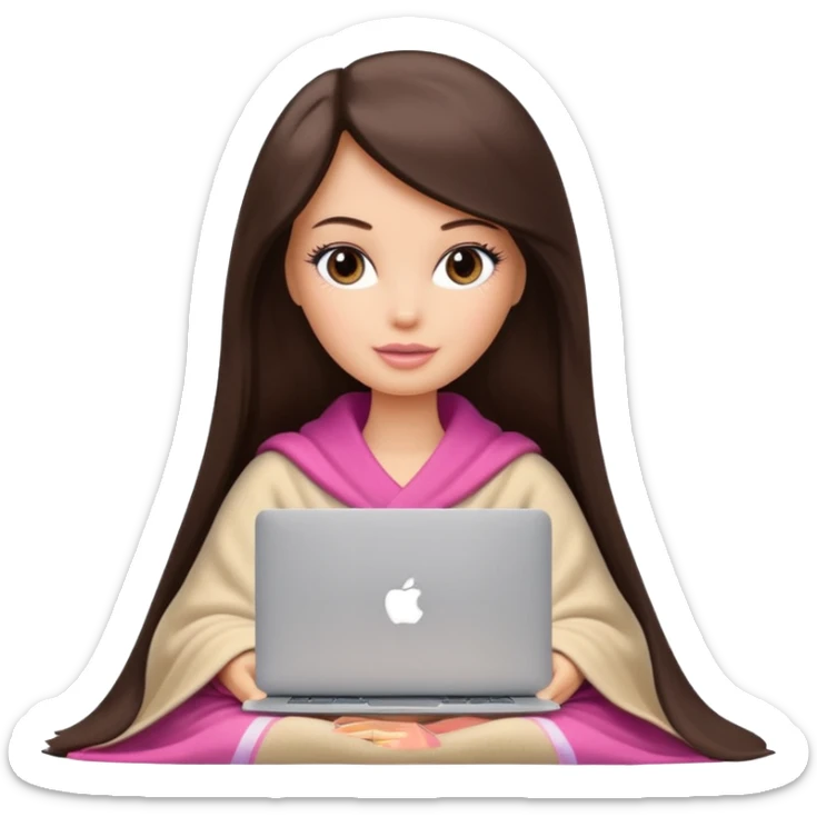 Barbie girl with a long straight dark brown hair inside a beige blanket working macbook  sticker