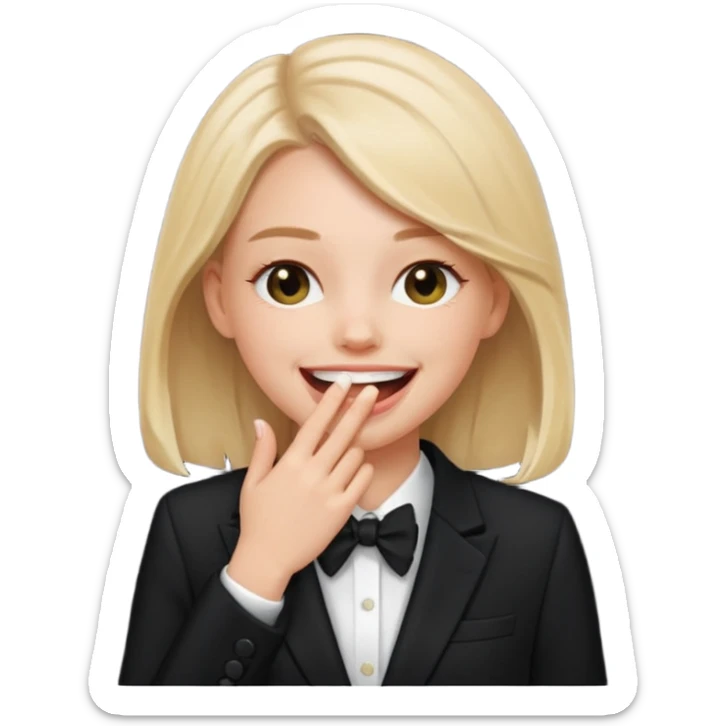 a white girl in a formal suit laughs, covers his mouth with his hand sticker