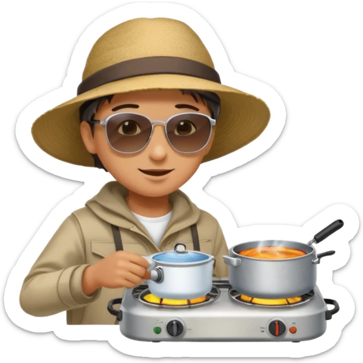 A camper boiling water on a portable stove, enjoying the outdoor breeze.
 sticker