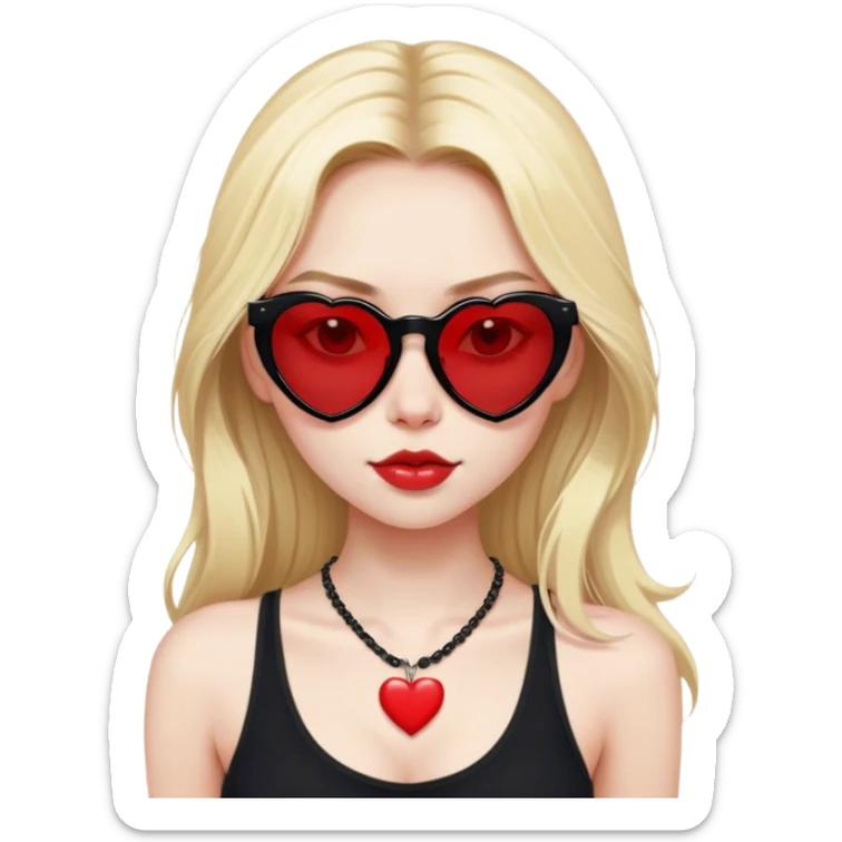 Blonde girl with pale skin and long hair with black cat eye sunglasses in black tank top with red heart necklace  sticker