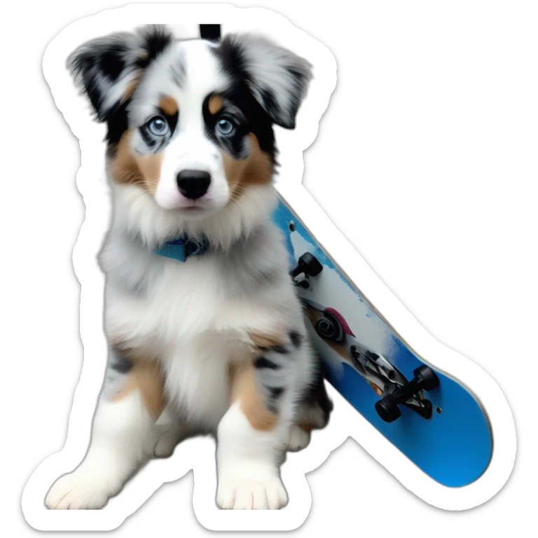 a 5 month old puppy, miniature American shepherd breed, blue merle color, with blue eyes, with a snowboard sticker