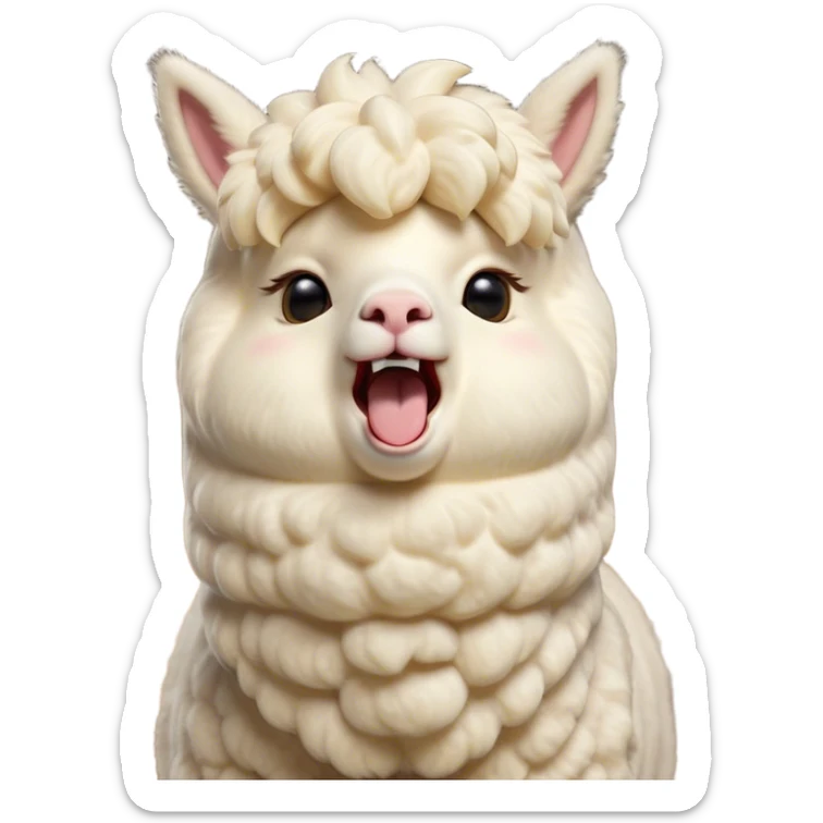 Cinematic Cute Yawning Cream Alpaca Portrait Emoji, Head tilted slightly with a dramatic, wide-open yawn, showcasing a soft, fluffy cream fleece with subtly drooping ears, round gentle eyes barely open in drowsy contentment, Simplified yet irresistibly adorable features, highly detailed, glowing with a soft, cozy glow, high shine, relaxed yet expressive, stylized with a touch of whimsy, bright and endearing, soft glowing outline, capturing the essence of a sleepy yet affectionate alpaca, so drowsy it feels like it could stretch out of the screen and curl up for a nap! sticker
