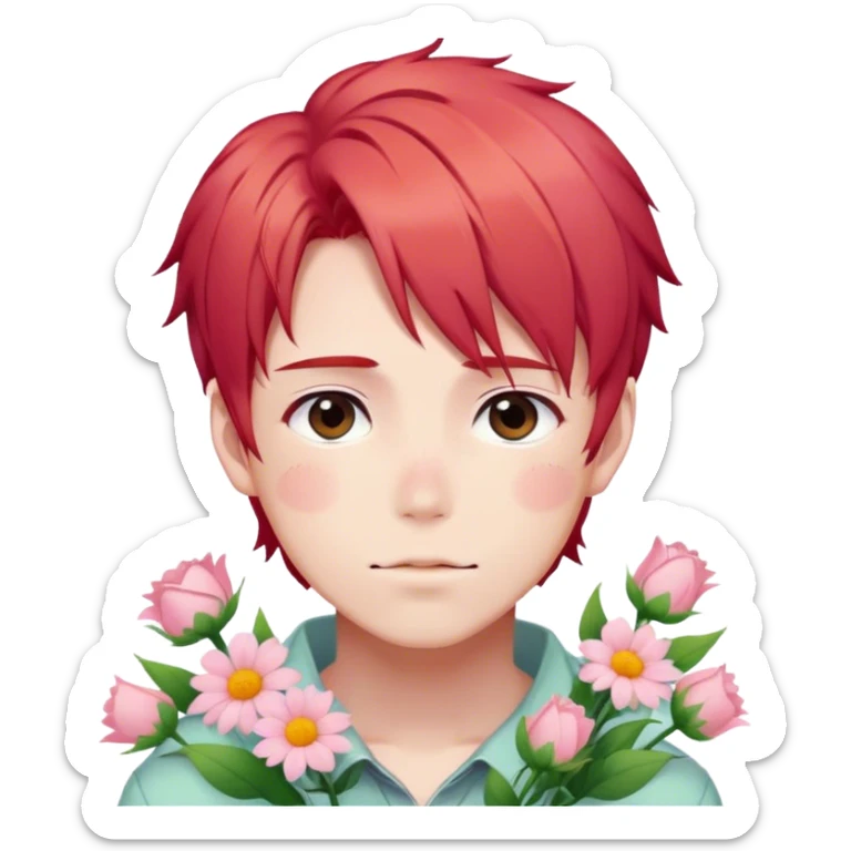 Gorgeous pastel red hair anime style shojo guy with blushing face and flowers aesthetic trending style outside sticker