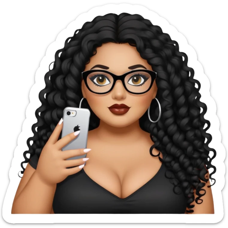 big plus size, latina, darker tan skin, long black curly hair, baddie,pretty, makeup, lipgloss, black eyeliner, long hair, black top, black glasses sticker