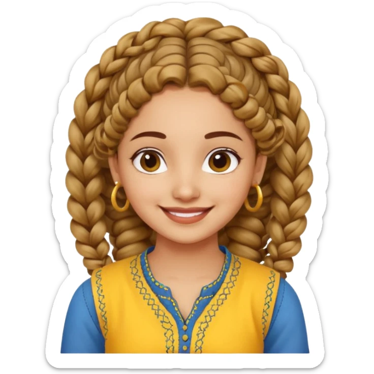 fair Indian girl with curly hair tied in a braid, smiling, wearing a yellow kurti and blue jeans sticker