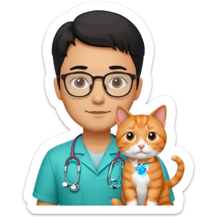 Veterinario hombre trigueño con lentes, con cabello negro, y con uniforme veterinario color verde turquesa y estetoscopio  cargando un gato naranja sticker