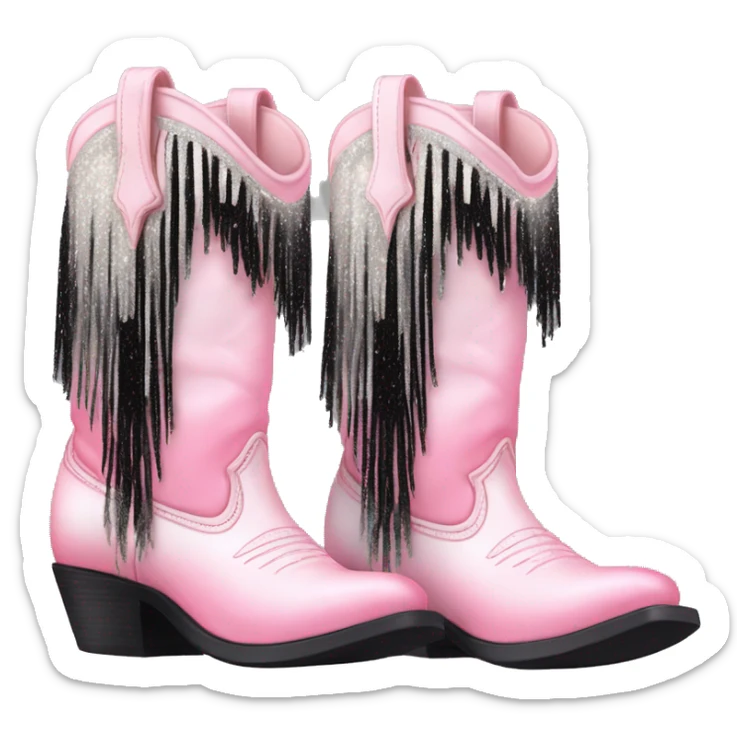 Realistic pastel pink to black ombre pair of fashion cowgirl boots with sparkly shiny glitter fringe on them. sticker