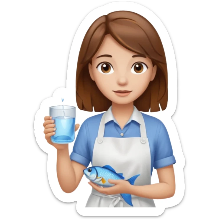 A girl with brown hair wearing an apron and holding a fish and a cup of water in another hand sticker