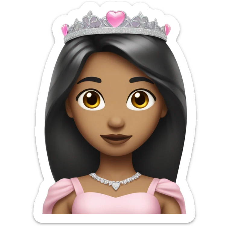 Princess with halo with medium skin tone with long black hair with bang with silver pink heart tiara and pink dress sticker