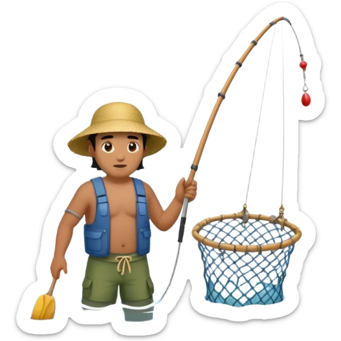 A Polynesian fisherman standing in the water fishing with a large net sticker