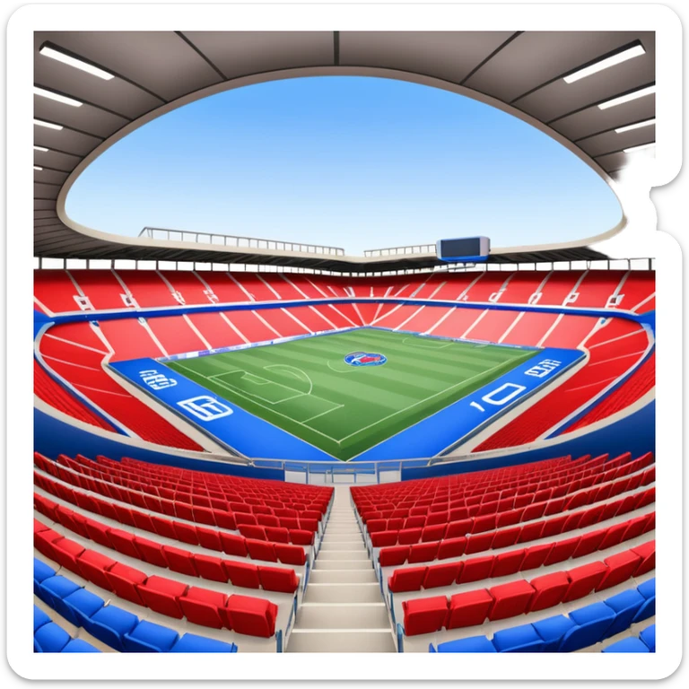 fc basel soccer stadium with mainly blue seats. however,on one side of the stadium red seats form the name ‚fc basel‘ sticker