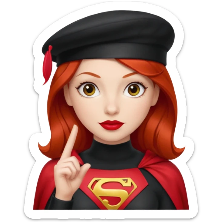 Uma ruiva feliz com batom vermelho com roupa vermelha tipo heroína, com uma boina preta, e uma cara mais “seria” fazendo pose com a mão. sticker