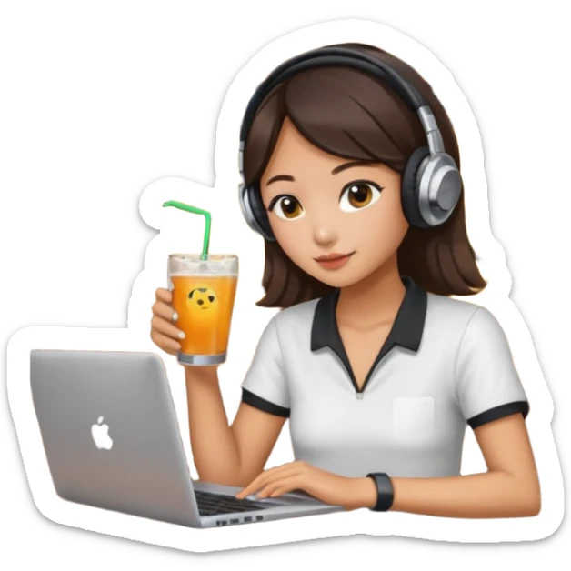 A Korean girl at a dive bar with a laptop and headphones on holding a drink  sticker