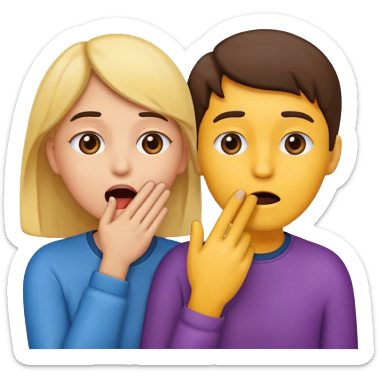 Emoji of two people, one whispering into the other’s ear with a hand covering their mouth. Surprised reaction. Simple emoji style, flat design, bright colors, thick outlines. sticker
