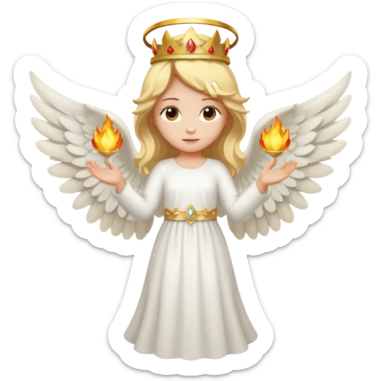 Full-body emoji-style angel: blonde hair, golden flame crown, halo, large wings, white dress, full body visible from head to feet, cute smooth emoji look. sticker