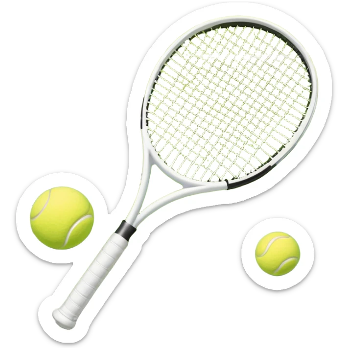 A tennis racket and ball positioned on a grass court, with the net and lines clearly visible in the background. The scene emphasizes the classic elements of the sport, capturing the energy and precision of a tennis match. sticker