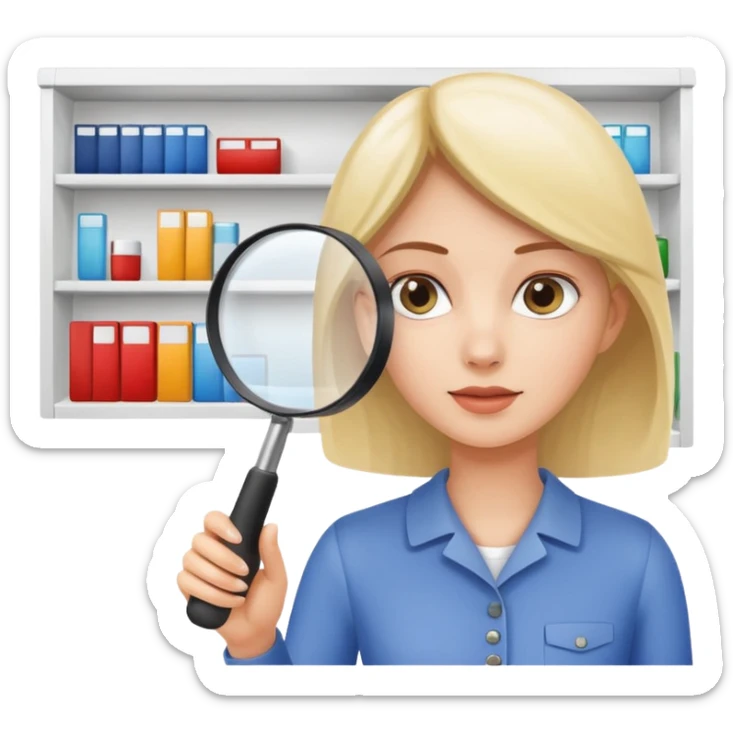 emoji of white empty shelf in perspective view with a woman nearby, she is looking at the shelfs with a magnifying glass sticker