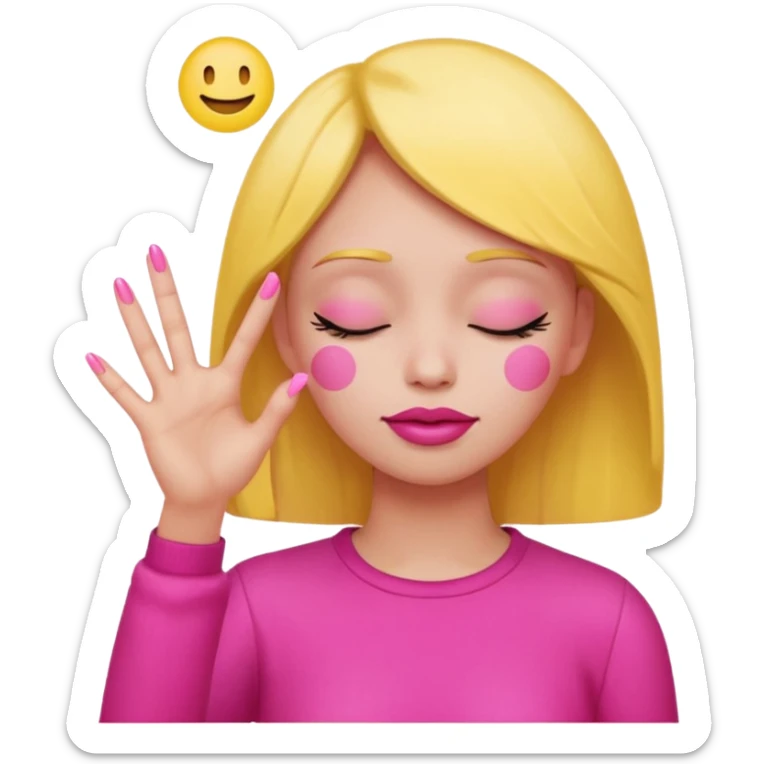 Yellow circle emoji sighing and drumming fingers up the side of their head the eye is closed it is a side profile pink lipstick and pink nails sticker