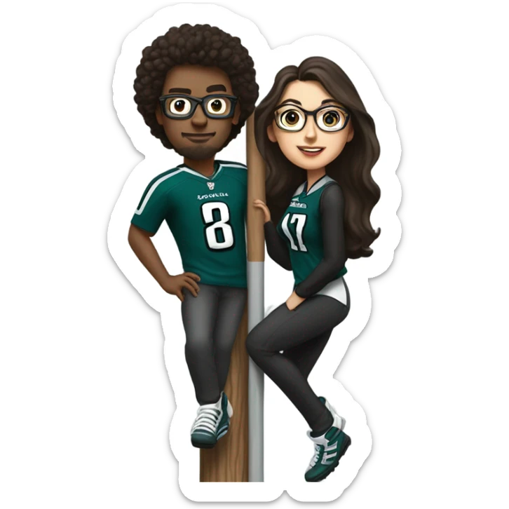 Dark brown hair female with glasses and white male with light brown hair who are both eagles fan climbing up a pole sticker