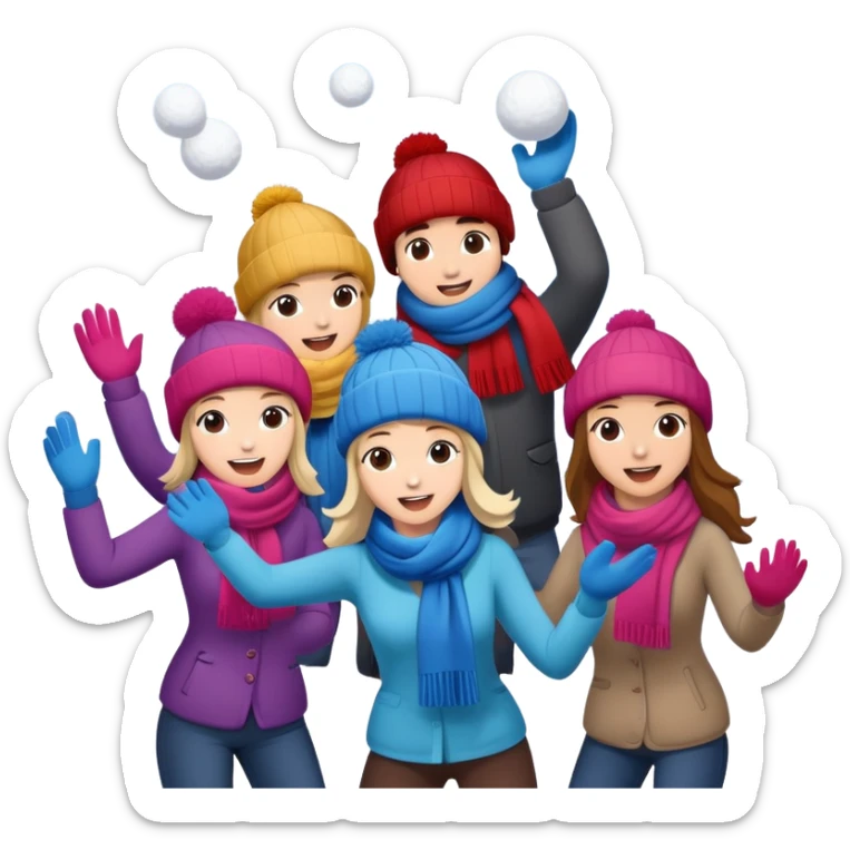 a group of friends having a snowball fight, winter hats and scarves, playful sticker