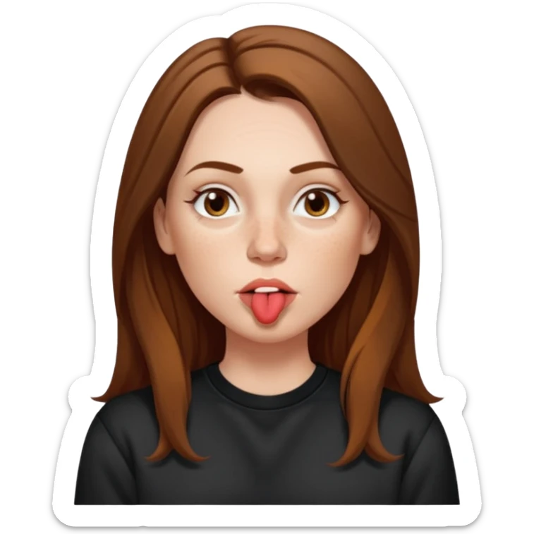 A 38 year old white woman with long brunette hair parted in the middle. She has her nose pierced. Her nose is medium sized. She has brown eyes. She has freckles and is wearing a black sweatshirt and is making a kissing mouth. sticker