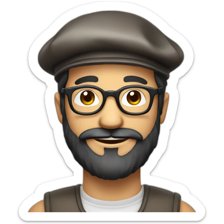 happy smile harvester face long dark beard and short dark hair with little transparent glasses and a french beret sticker