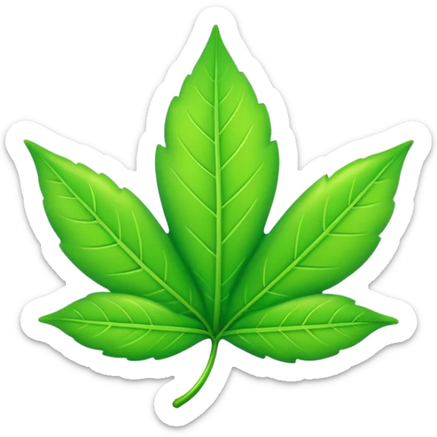 A single neon green leaf emoji, iPhone emoji style, glossy and smooth, cartoonish, vibrant neon green color, high detail, simple and cute design, isolated on white background, centered composition


 sticker