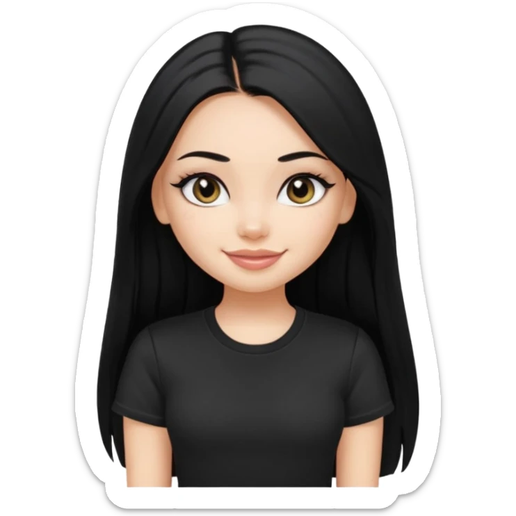 a pretty bratz fair girl with straight long black hair, wearing a black tshirt, smiling, eyeliner on sticker