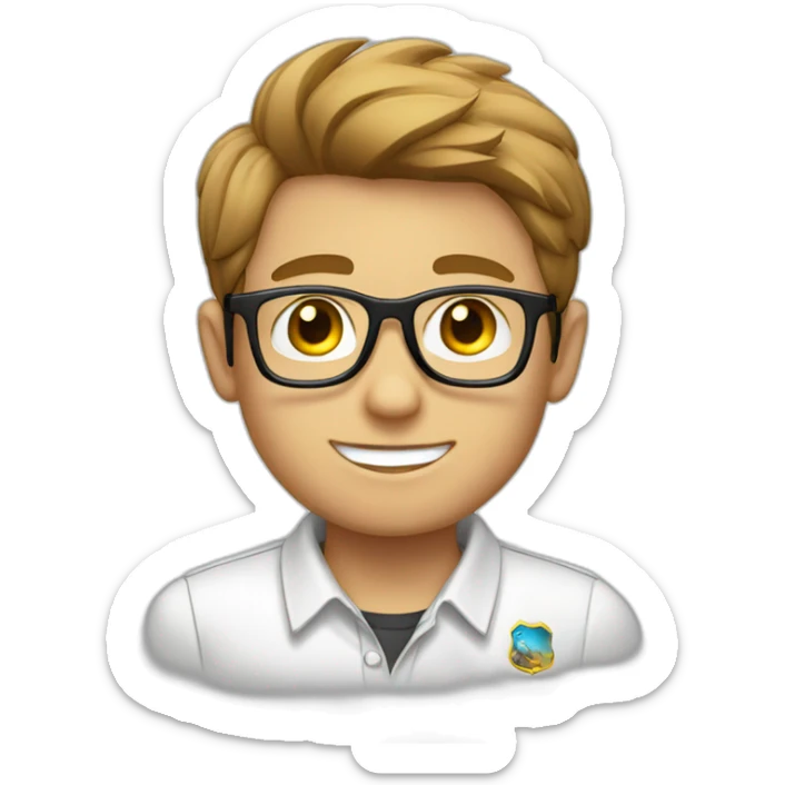 Light brown hair boy with glasses, with a white shirt and a badge with a logo GFT sticker