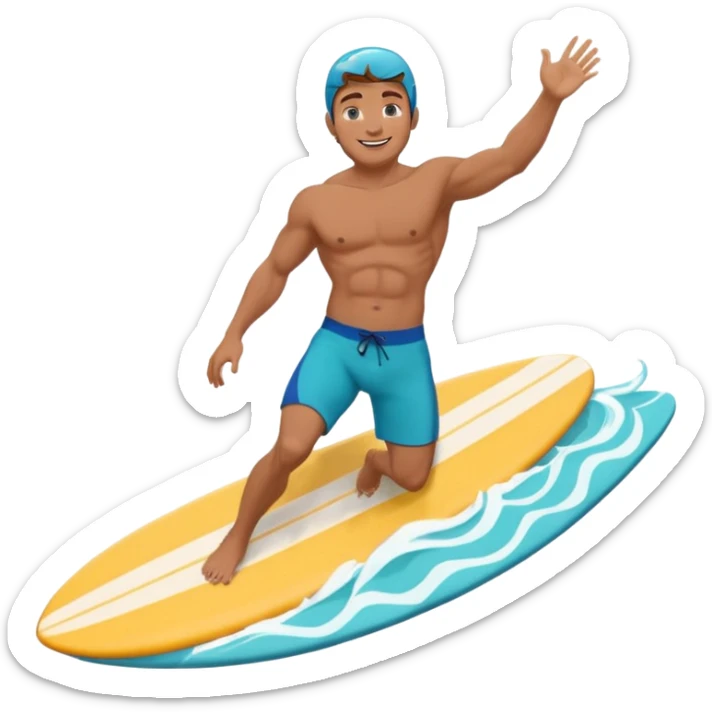 human male surfer riding a turquoise wave, muscular torso, shorts, big smile, bright sun, centered emoji, summer palette sticker
