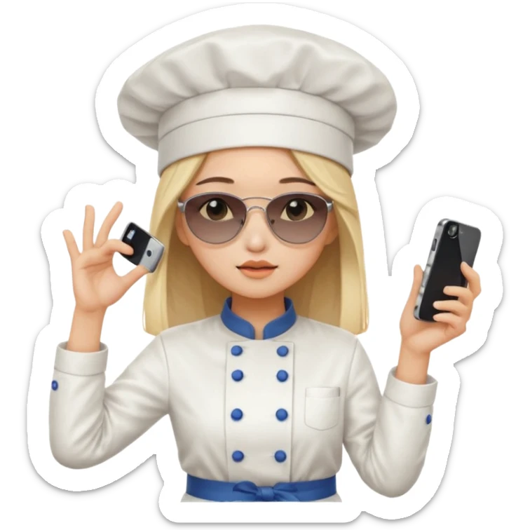 [b"A sad wooman with loight skin,k straight  hair, weawring a chehf hat andi sunglassels, dressee in K-pop  fashion, his dancino while hollding a phdone."] sticker