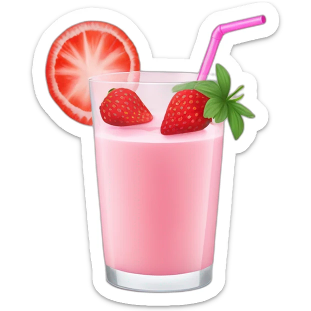 a glass of strawberry milk with a striped straw and a cocktail umbrella sticker