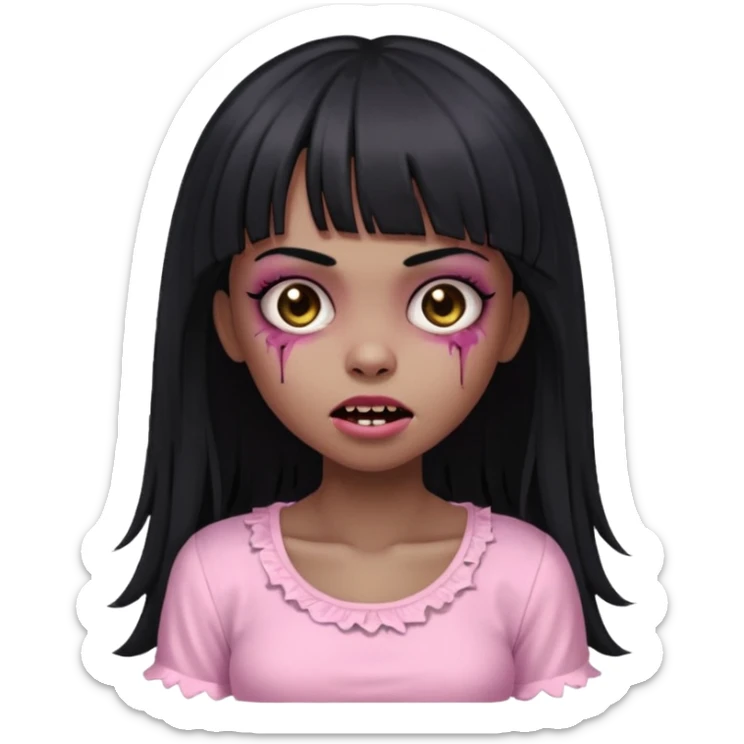 light-skinned black zombie girl with long black hair and bangs, wearing a light pink blouse, cute wink sticker