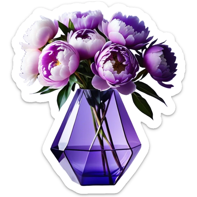 "An artistic composition of peonies in dreamy shades of light violet, lavender, and periwinkle, placed in a geometric glass vase with a glowing purple tint. The flowers have softly abstracted, fluid shapes, with petals that appear to merge and drift like ink in water. A translucent, ribbon-like strand of soft lilac wraps around the vase, floating weightlessly as if suspended in motion."
 sticker