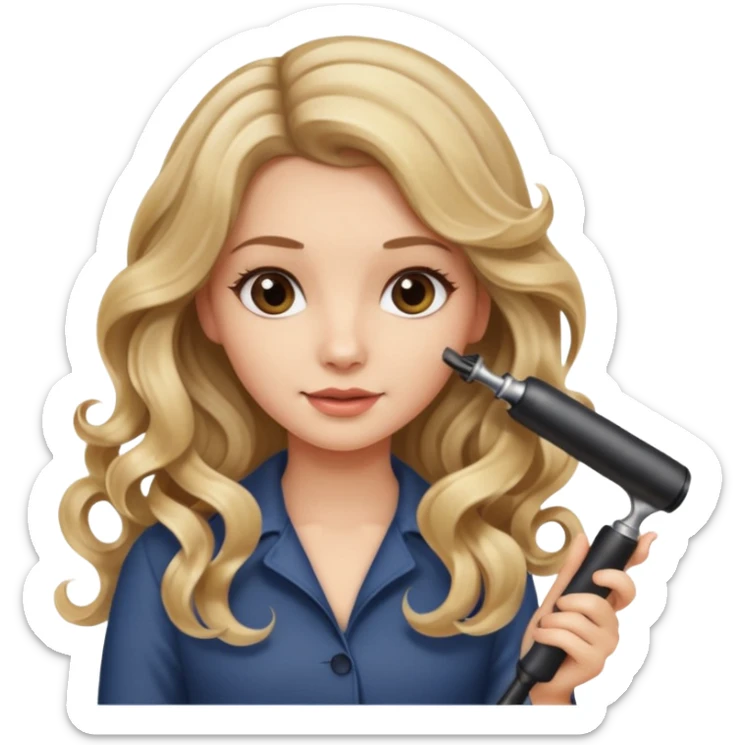 pretty girl with long wavy dirty blonde hair holding a hair styling hot curling tool, curling her hair  sticker