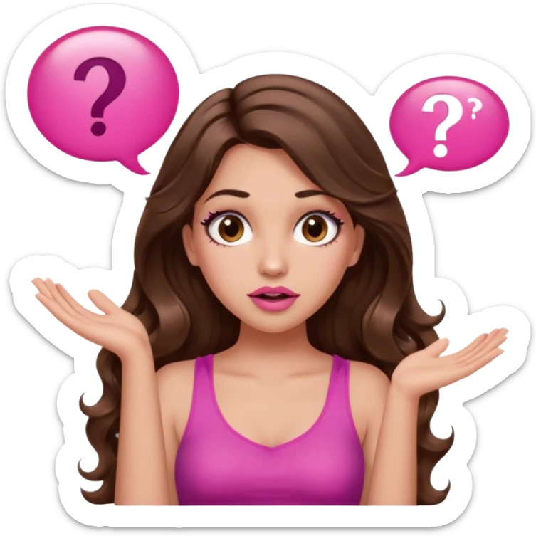 girl with long wavy brown hair, brown eyes, long lashes makeup, sexy pink lips, light to medium complexion, pink sexy top, two hands up, shrugging, confused questions mark bubble sign sticker