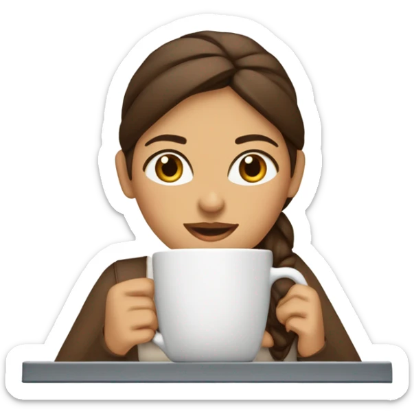 MUJER JOVEN DE PIEL BLANCA, OJOS MARRONES CLAROS, PELO MARRON Y LARGO TRABAJANDO CON CUMPUTADORA Y TIENE UN CAFE O AGUA sticker