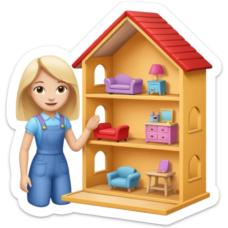 smiling girl arranging furniture in doll house sticker