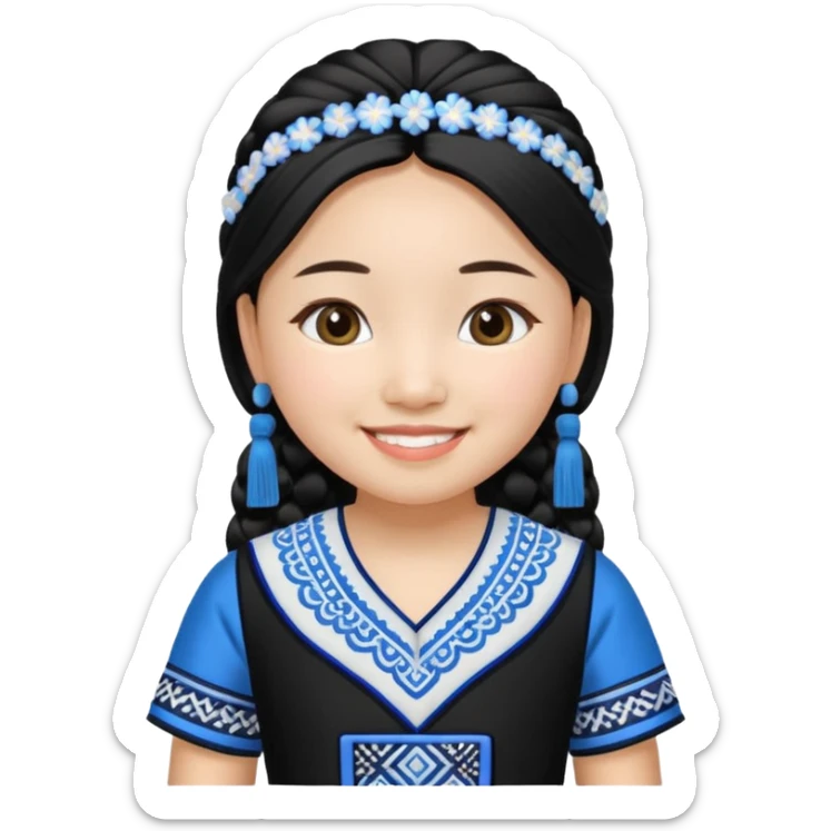 Make a hmong girl emoji in a blue, white, and black Hmong inspired dress sticker