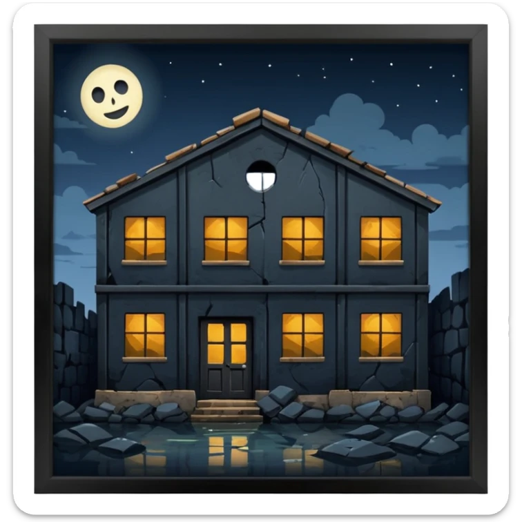 cinematic realistic ultra HD - a warehouse in a secluded place, at night with broken walls sticker