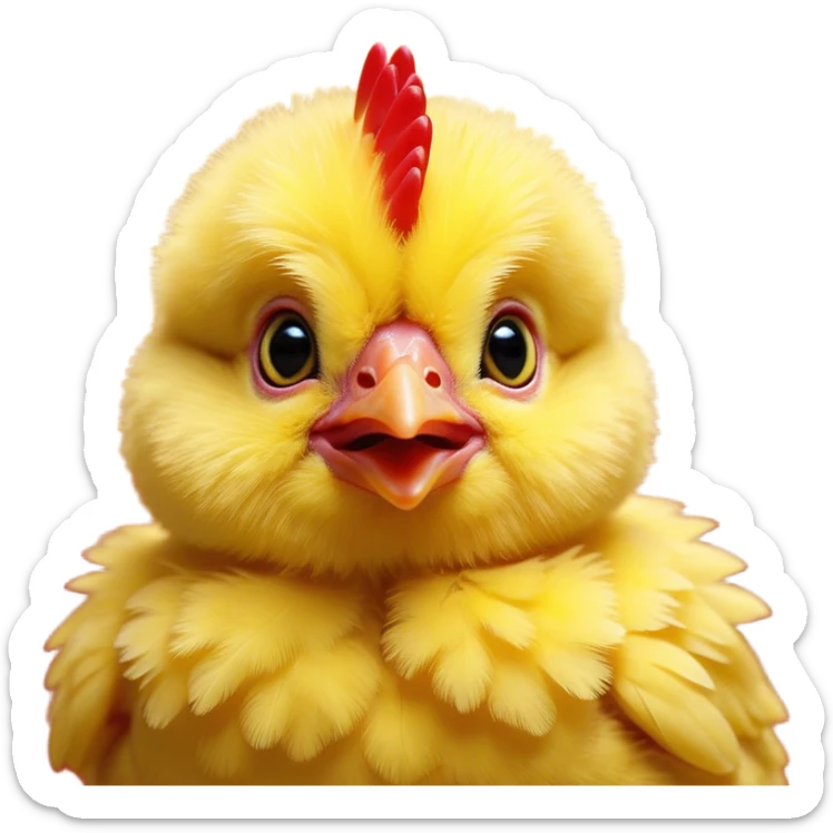 Cinematic Cute Yellow Baby Chicken Portrait Emoji, Head tilted playfully and inquisitively, featuring a fluffy, vibrant yellow downy coat with a tiny red comb, round, sparkling beady eyes filled with curiosity, Simplified yet irresistibly adorable features, highly detailed, glowing with a warm, friendly glow, high shine, affectionate and lively, stylized with a touch of playful whimsy, bright and endearing, soft glowing outline, capturing the essence of a mischievous yet loving chick, so playful it feels like it could peep out of the screen and into your arms! sticker
